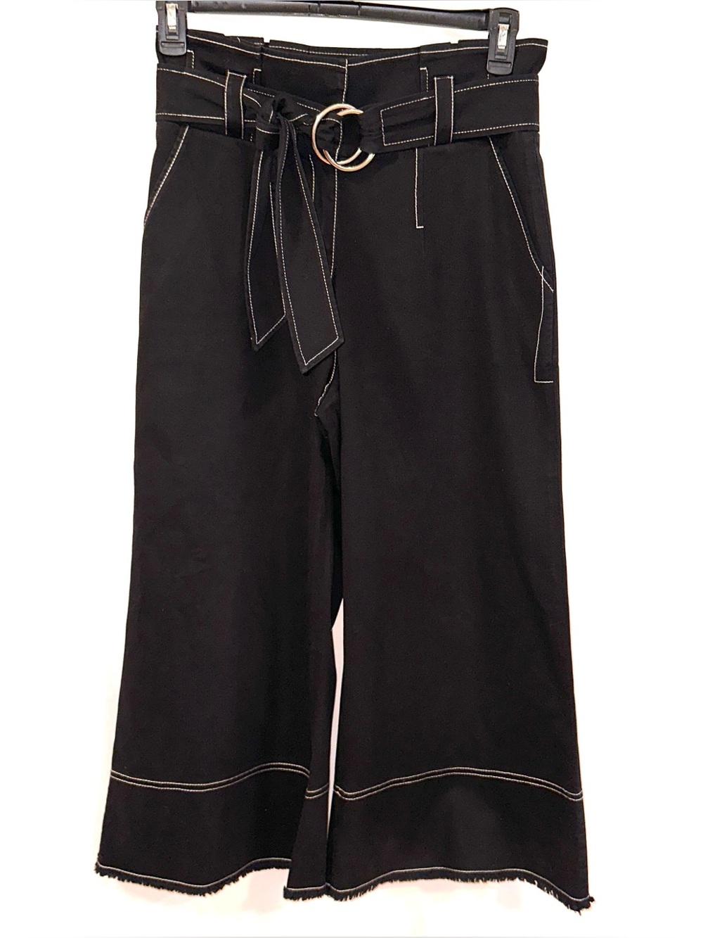 Cinq A Sept Wide Leg Cropped Pants Belted 30” Paper Bag Waist White Top Stitch